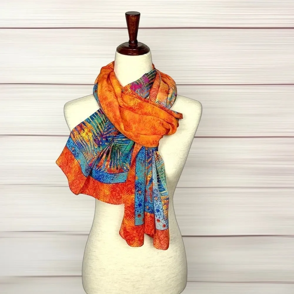Christina Large Silk Oblong Scarf Wrap Orange Blue Tropical Print 20,5x74